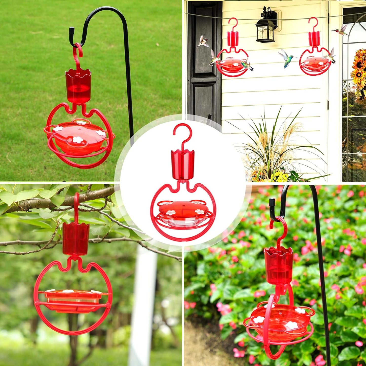 Hummingbird Feeders for Outdoors Hanging with 4 Flower Portholes for Garden Yard Bright Red