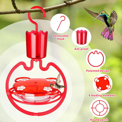 Hummingbird Feeders for Outdoors Hanging with 4 Flower Portholes for Garden Yard Bright Red