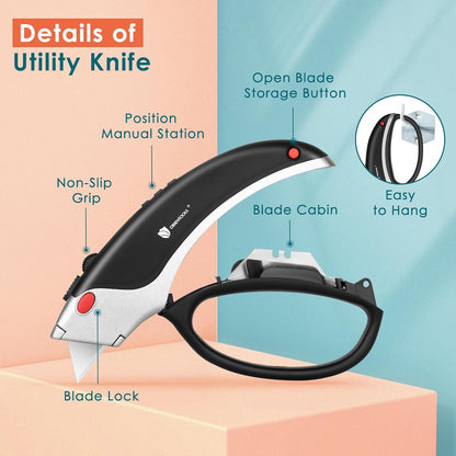Utility Knife Box Cutter Set Retractable Auto-Lock Razor Knife with 5 Extra Sharp Blades