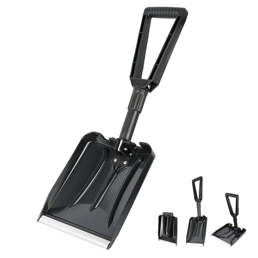 Folding Snow Shovel for Snow Removal with D-Grip Handle and Durable Aluminum Edge Blade (Black, Blade 9")