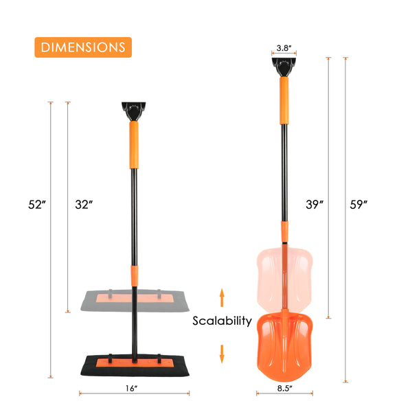 ORIENTOOLS Extendable Waterproof Snow Brush and Ice Scraper with Soft Grip, Heavy Duty Snow Removal Tool with an Extra Shovel Head, an Ideal Accessory for Car, Truck, Vehicle, etc.