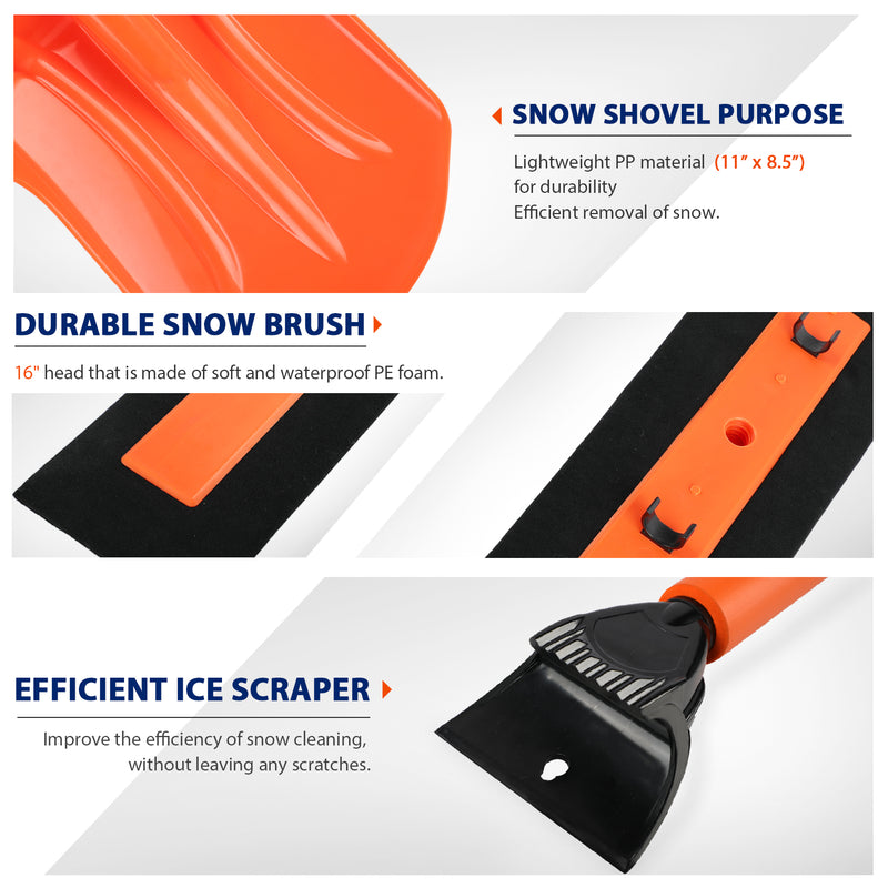 ORIENTOOLS Extendable Waterproof Snow Brush and Ice Scraper with Soft Grip, Heavy Duty Snow Removal Tool with an Extra Shovel Head, an Ideal Accessory for Car, Truck, Vehicle, etc.