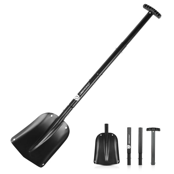 ORIENTOOLS Snow Shovel with 4 Piece Collapsible Design, Aluminum Lightweight Sport Utility Shovel, 26"-41" Portable and Adjustable Snow Shovel for Car, Camping, Garden (9" Blade, Black)