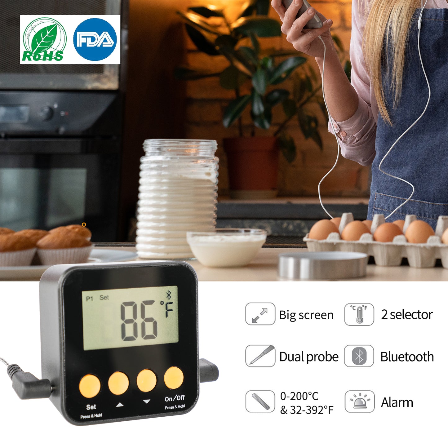ORIENTOOLS Bluetooth BBQ Meat Thermometer Wireless Remote Thermometer Digital Cooking Thermometer with Dual Probe for Kitchen Outdoor Grill Smoker, IOS & Android Phone Supported