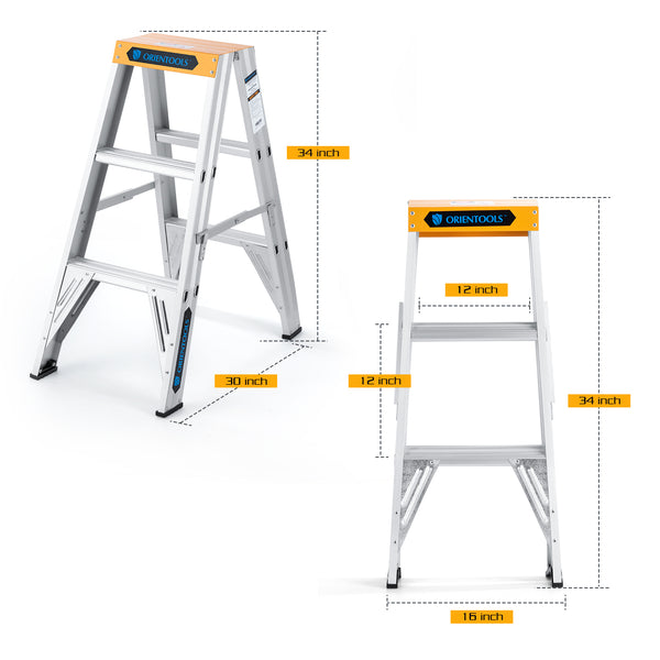 Aluminum Step Ladder 3 Feet, Twin Front Ladder with 300 lb Duty Rating