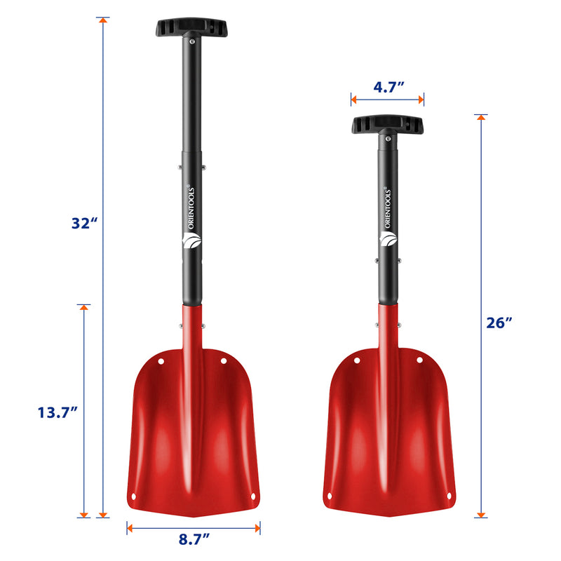ORIENTOOLS Snow Shovel with 3 Piece Collapsible Design, Aluminum Lightweight Sport Utility Shovel, 26‘’-32‘’ Portable and Adjustable Snow Shovel for Car, Camping, Garden (9" Blade, Red)