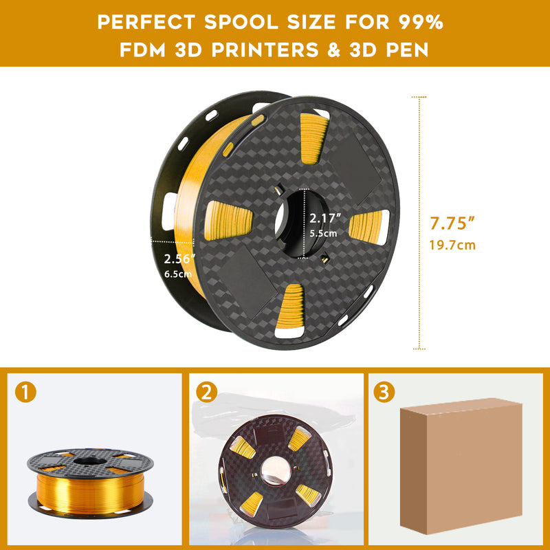 ORIENTOOLS PLA Silk 3D Printer Filament 1.75mm, Dimensional Accuracy +/- 0.05 mm, 1kg Spool (2.2lbs), Golden, Fit Most FDM Printer