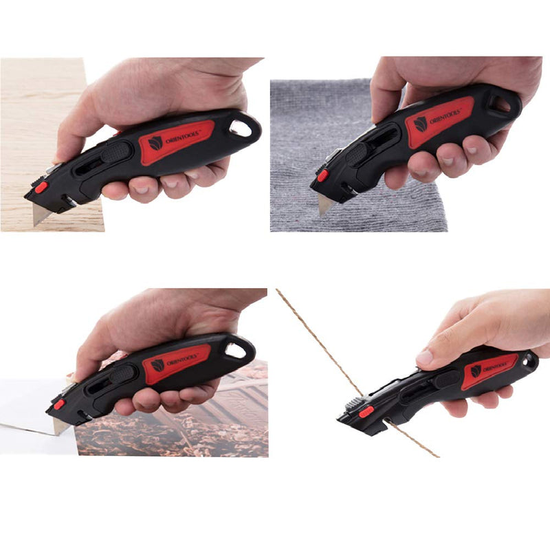 Auto Retractable Safety Cutter Utility Knife Easy Cut 1000 Dual Side Blade Edge Hand Tool w/ Holster Lanyard for Warehouse Retail Home Craft