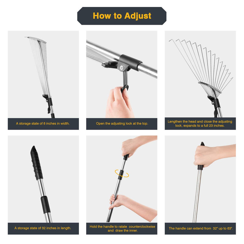 ORIENTOOLS Steel Leaf Rake, Telescopic Leaves Rake with Adjustable 8”- 23” Folding Head and Comfortable Grip Handle (15 Tines,32 to 63 inches)